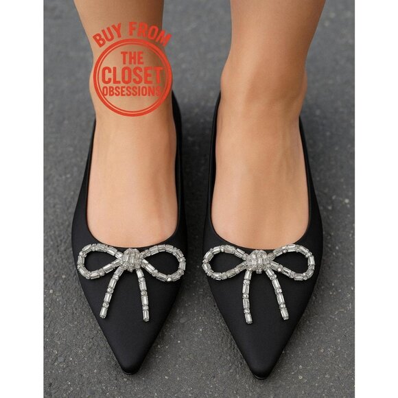 ZARA Black Embellished Bow Flats NWT Size 7.5 - Picture 3 of 16